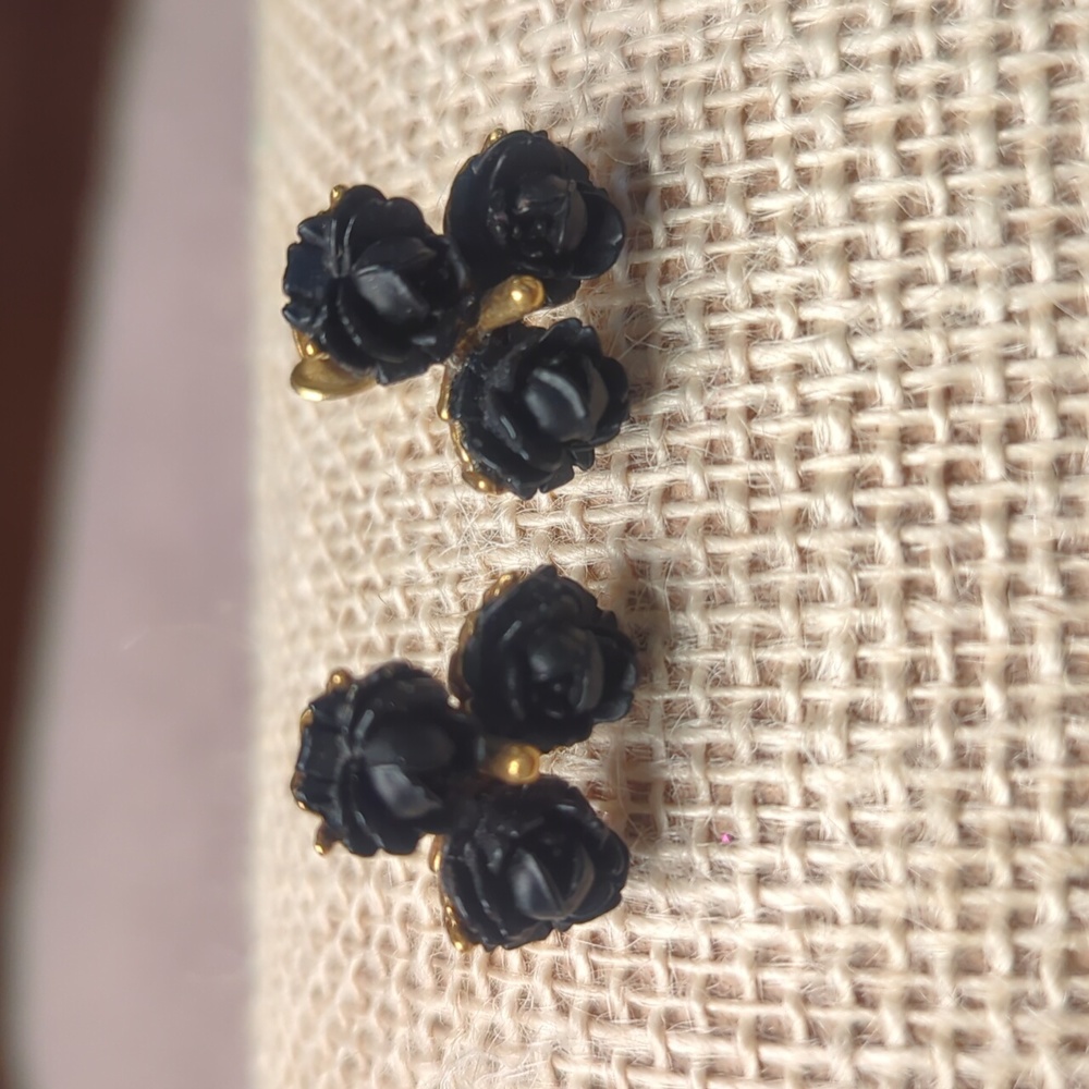 Vintage Black Rose Clip On Earrings
